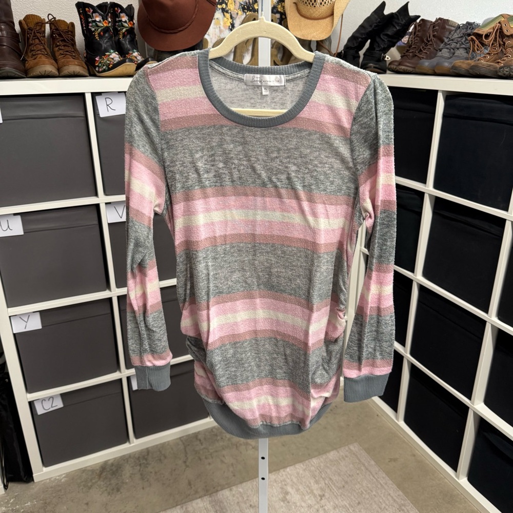 Two Beautiful Maternity Gray and Pink Striped Long Sleeve Ruched Sweater